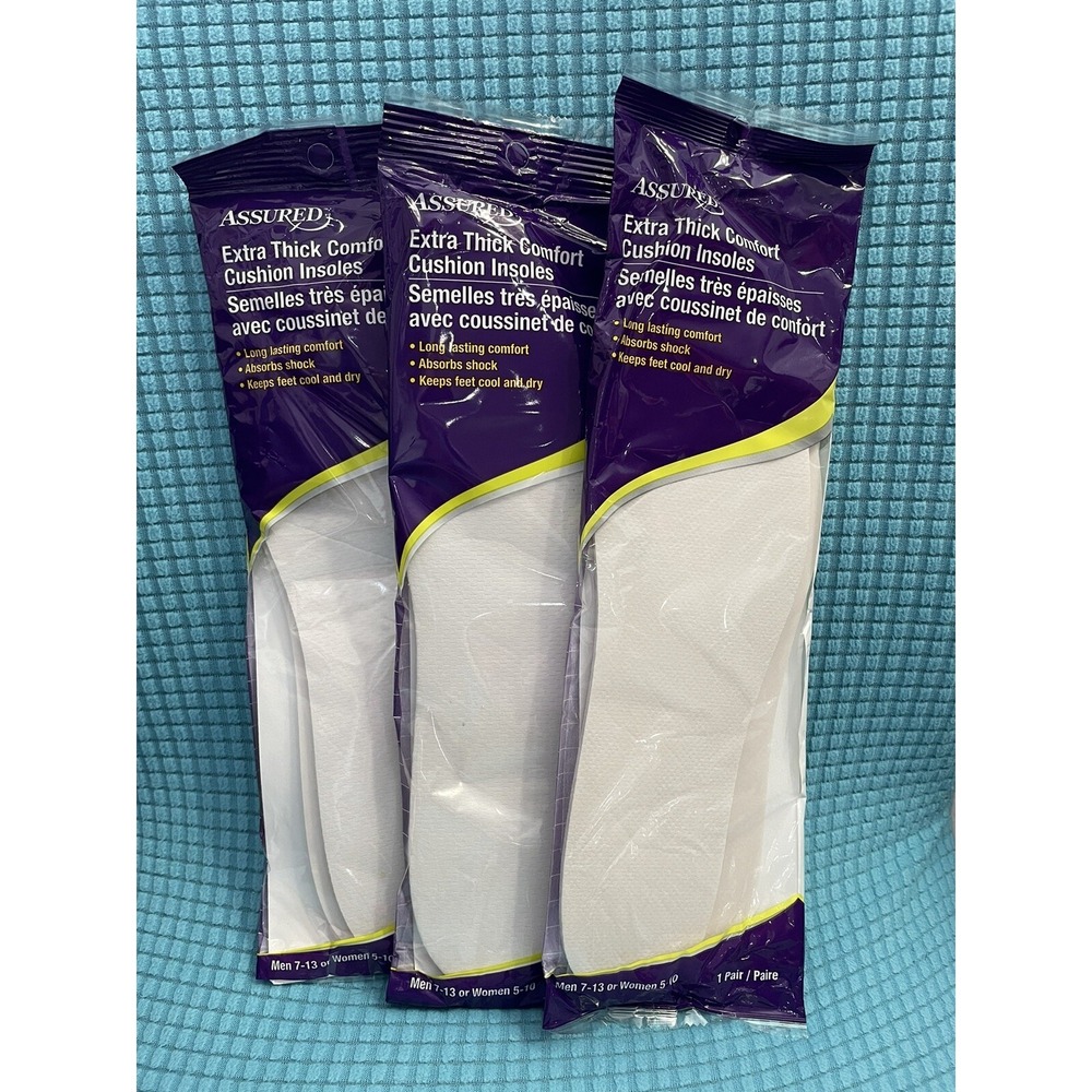 New! 3 Assured Extra Thick Comfort Cushion Insoles Men's 7-13 Women's 5-10